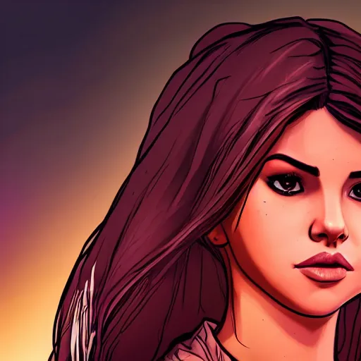 Image similar to selena gomez portrait, borderlands, tales from the borderlands, the wolf among us, comic, cinematic lighting, studio quality, 8 k