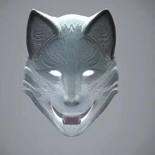 Image similar to a translucent holographic kitsune mask, intricate unreal engine 5 creation, movie still