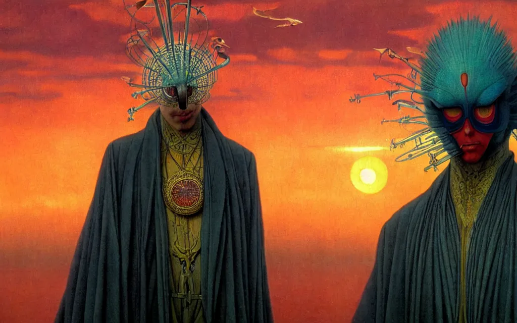 Image similar to realistic detailed portrait movie shot of a birdman wearing dark robes, futuristic city sunset landscape background by denis villeneuve, amano, yves tanguy, alphonse mucha, ernst haeckel, max ernst, roger dean, rich moody colours