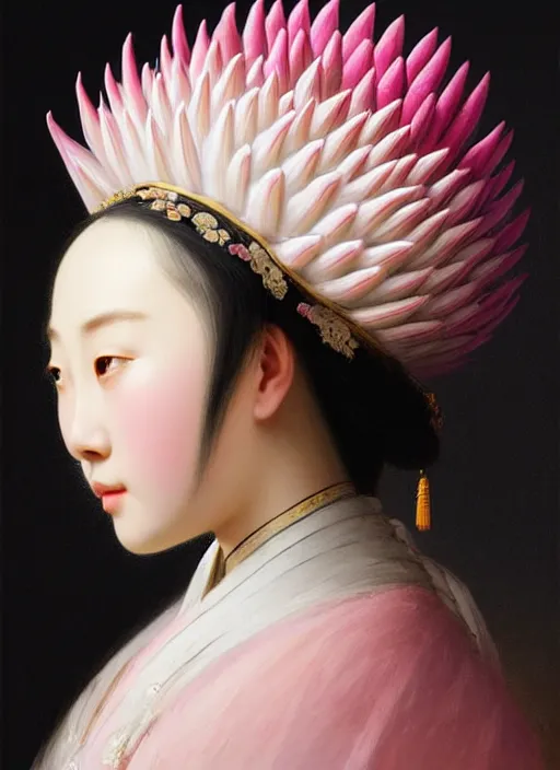 Image similar to stunning chinese princess, detailed pink and white protea head peace against a black backdrop by ivan aivazovsky, wlop, super sharp details, photorealism, 5 0 mm lens, oil painting, beautiful soft lighting, muted colours, artstation