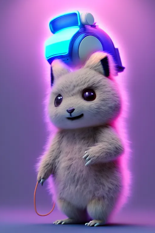 Image similar to high quality 3 d render cyberpunk very cute pastel fluffy! quokka cyborg, wires, highly detailed, vray smooth, in the style of detective pikachu, hannah yata charlie immer, dramatic neon blue light, low angle, uhd 8 k, sharp focus