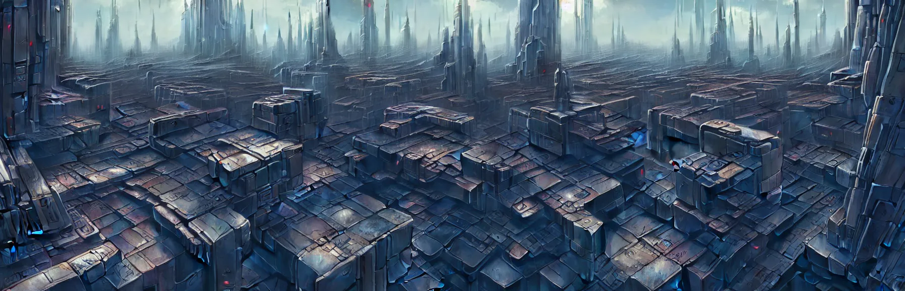 Prompt: abstract futuristic sci-fi cyberpunk city, birds eye view, detailed, matte painting, Lee Madgwick, Denis Sarazhin, artstation, unreal engine 5