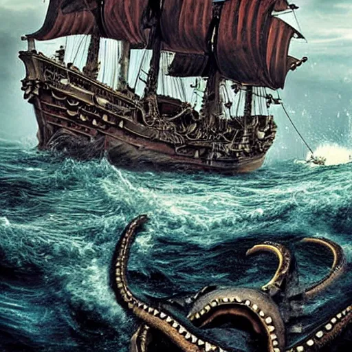 Image similar to an impossibly huge pirate ship, being attacked by a kraken, giant tentacles. 2010s photograph