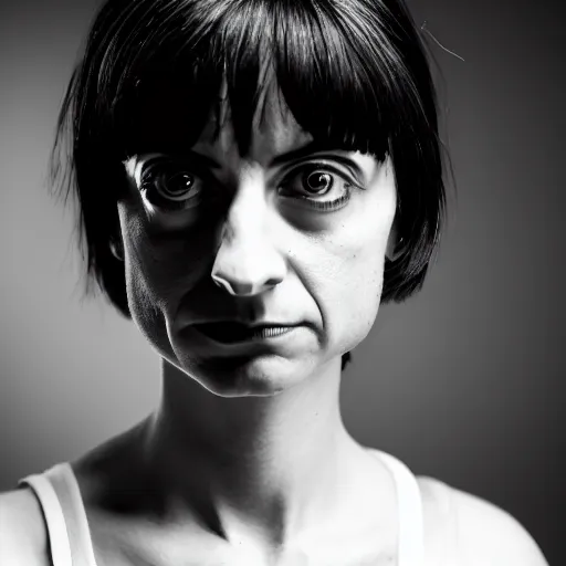 Image similar to symmetrical, portrait of cyberpunk kate micucci, scowling, studio lighting, depth of field, photography, black and white, highly detailed