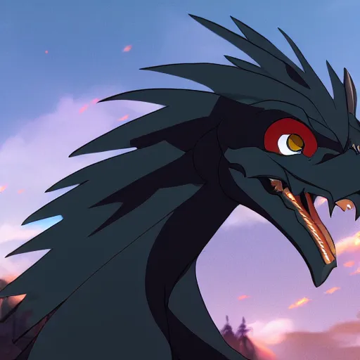 Image similar to high quality portrait of a black dragon. art by makoto shinkai, crunchyroll, pixiv, danbooru, hd, headshot, cinematic still, detailed anime face, bokeh, digital art, cel shading, vivid colors, ambient lighting