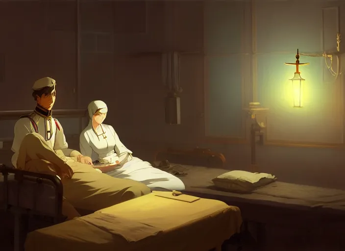 Prompt: 1 8 5 5 crimea, army hospital at night, patients sleeping, florence nightingale holding lamp, visiting the soldiers to make sure they were comfortable, wounded patients, finely detailed perfect art, painted by greg rutkowski makoto shinkai takashi takeuchi studio ghibli