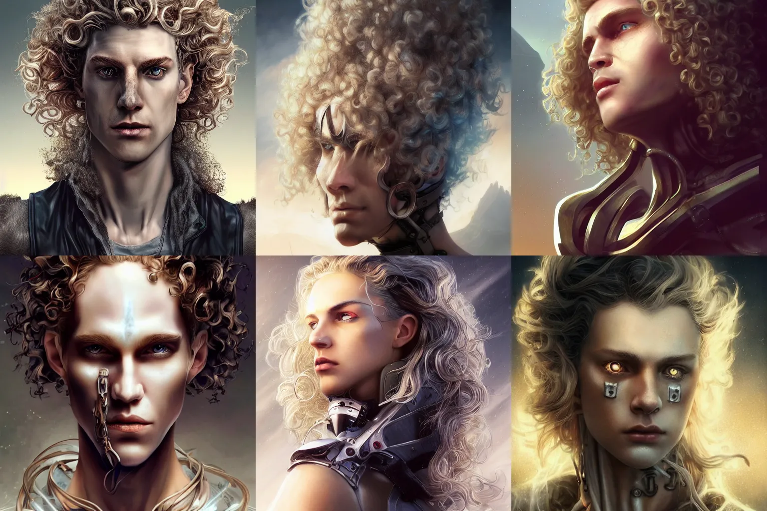 Prompt: a centered photo of the most complicated and technical pale blond androgynous irish male cyborg with very curly long blond curly hair, mystical post apocalyptic cyborg, powerful, cinematic, beautifully lit, by artgerm, by karol bak, 3 d, perfect face and body, trending on artstation, octane render, 8 k