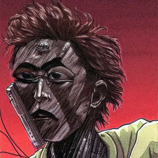 Prompt: a dark brown humanoid, hyper detailed, in the style of katsuhiro otomo and and katsuhiro otomo and katsuhiro otomo, selfie