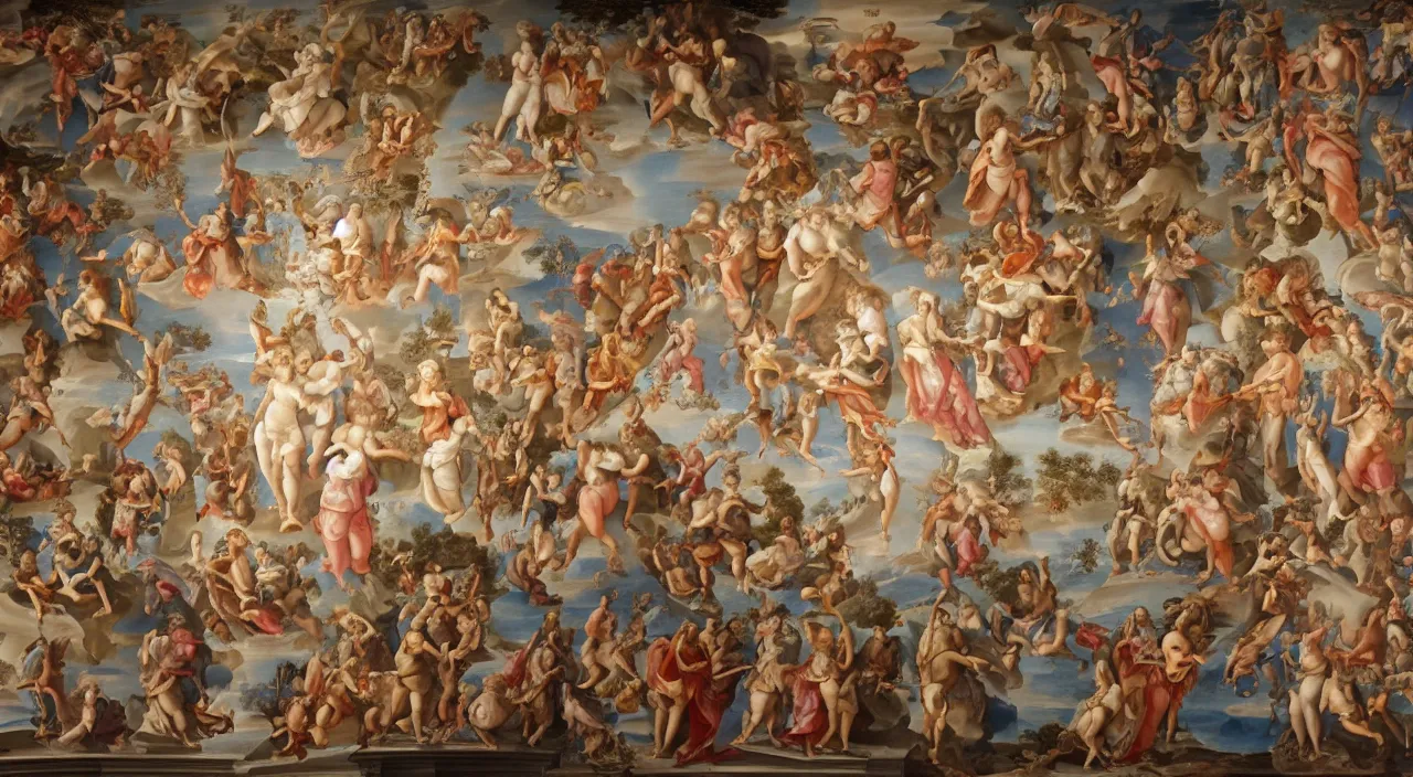 Prompt: a baroque fresco detailing the following progression : artificial intelligence, machines, innovation, discovery, architecture, society, people, conscious experience, multicellular life, molecular systems, biopolymers