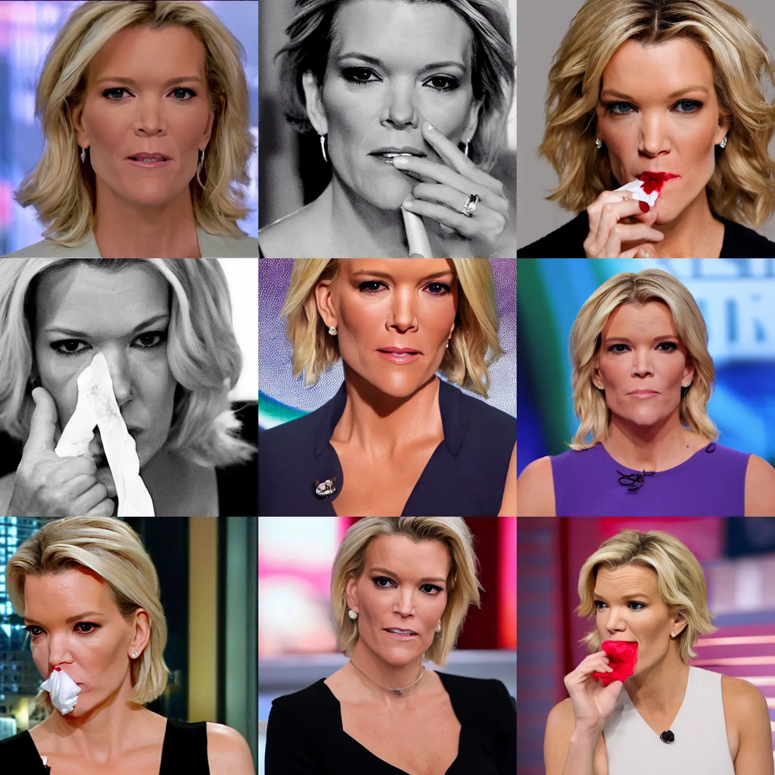 Prompt: photo of megyn kelly with a nosebleed