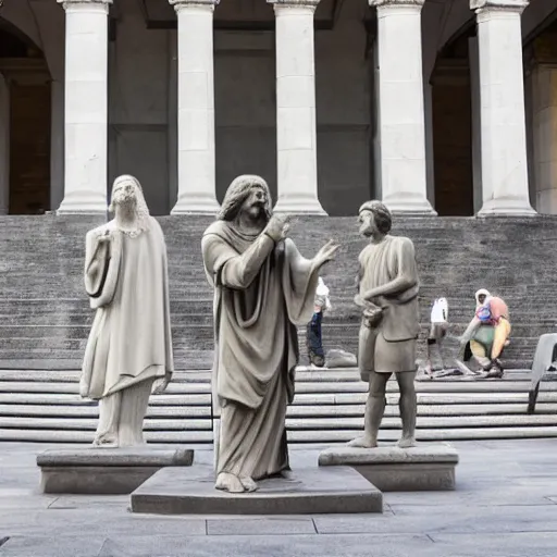 Image similar to religious debate between people in front of concrete statue of Christ