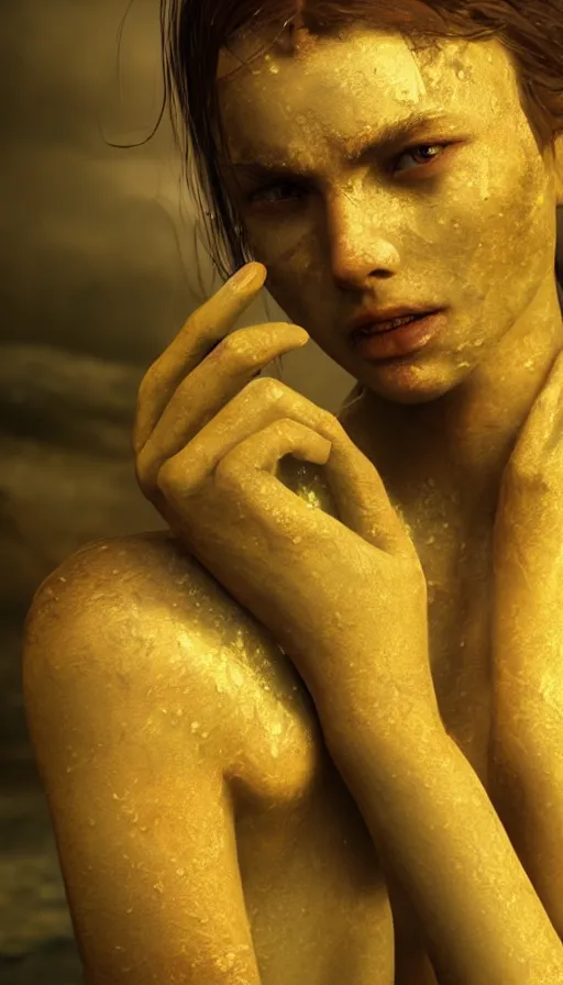 Image similar to epic masterpiece torment, drama, sweaty skin, hyperrealistic, octane render, cinematic, beautiful face and flawless skin, perfect hands, 5 fingers, yellow by Lorenzo Sperlonga, Legends of Runeterra