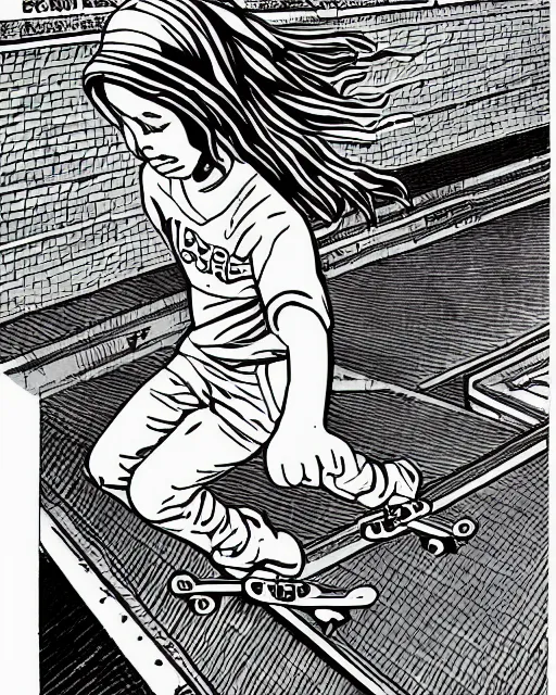 Image similar to wide shot of a young pretty skater skateboard skateboarder 1985 skatergirl style, graphic novel art by Jean Giraud, black and white, pastel color, neon color