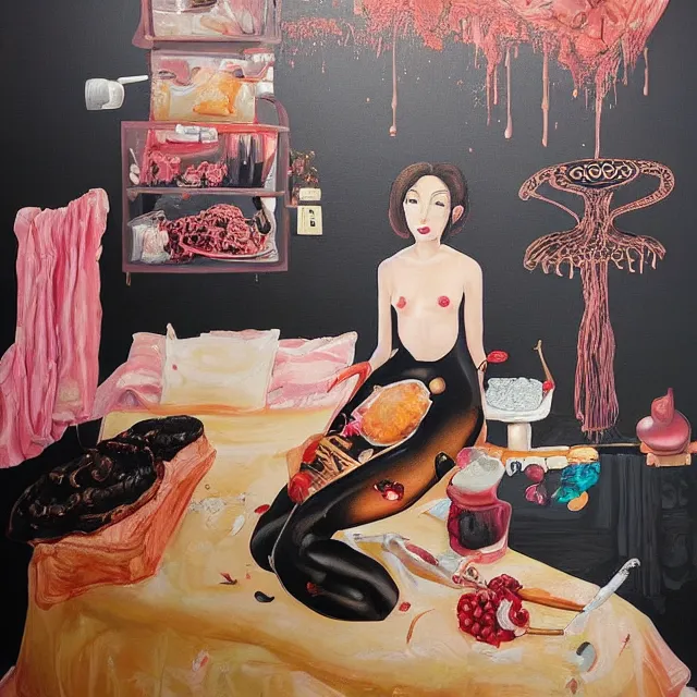 Image similar to sensual, a portrait in a female art student's bedroom, black walls, a woman sitting on a bed made of pancakes, honey dripping, berries dripping, chocolate, surgical supplies, ikebana, octopus, neo - expressionism, surrealism, acrylic and spray paint and oilstick on canvas