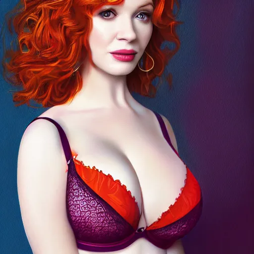 Prompt: digital painting of a gorgeous christina hendricks, realistic, professionally, professionally color graded, full body shot, lingerie, sharp focus, 8 k high definition, insanely detailed, intricate, elegant