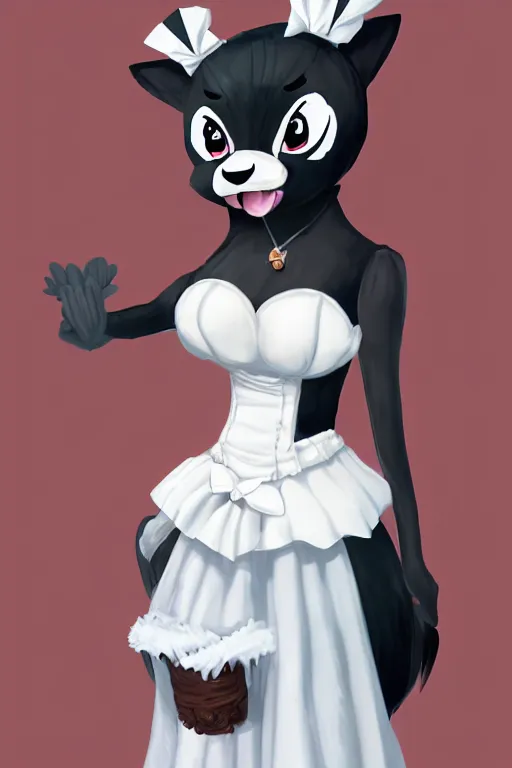 Image similar to a skunk fursona wearing a maid outfit, highly detailed, digital art, trending on artstation, furry art