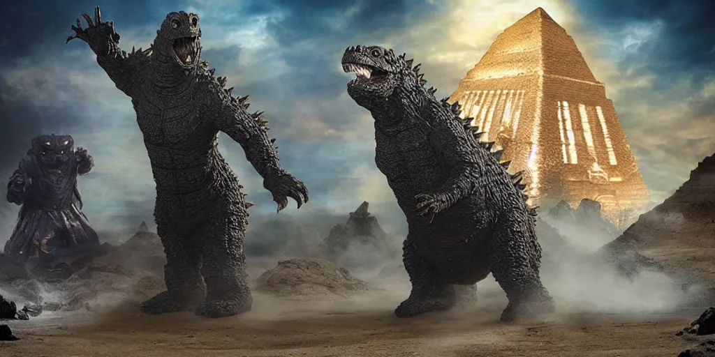 Prompt: doctor who tardis meets godzilla in ancient egypt in 2 0 0 bc