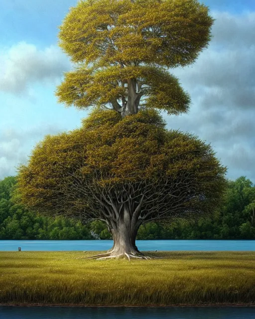 Prompt: a painting of a tree on a floating island, a surrealist painting by lee madgwick, deviantart, ecological art, oil on canvas, detailed painting, surrealist