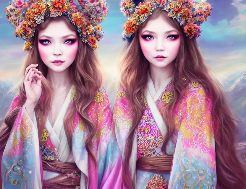 Image similar to two beautiful fashion siberian girls wear fantasy kimono in festival | | big eyes, sunny, dreamlike art, realistic shaded, smile, good looking, hyper details, 4 k realistic, cryengine, realistic shaded lighting poster by artgerm, ross tran, fuji choko, loish, 8 k resolution, trending on artstation, luxury