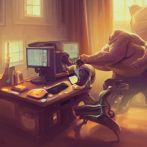 Image similar to a insanely detailed painting of a slightly overweight man wearing a homemade superhero costumed, sitting at a computer desk, nervously and clicking on the mouse, in the style of peter mohrbacher, dramatic lighting and composition, trending on artstation, concept art, comic book