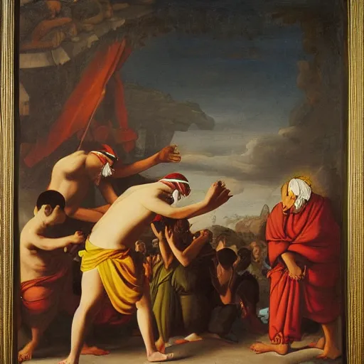 Image similar to blindfolded hindu monks following giant crow greek senete baroque painting, lionardo davinchi