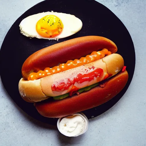 Prompt: a hotdog bun with eggs inside of it