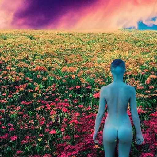 Image similar to A picture of a planet of various flowers, fungus and plants, in which the human figure is dressed in something magical and impressive, inside the picture is infinity, sunset light, Atmospheric phenomenon, artistic photography, muted colors, conceptual