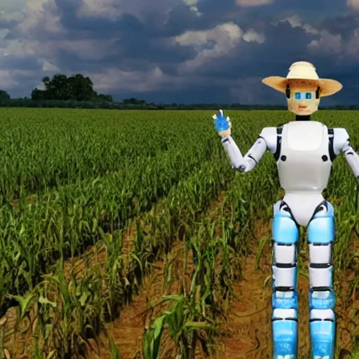 Prompt: a film still of a humanoid robot wearing a straw hat blue overalls in the corn field, chappie, transformers, photorealistic, 8 k