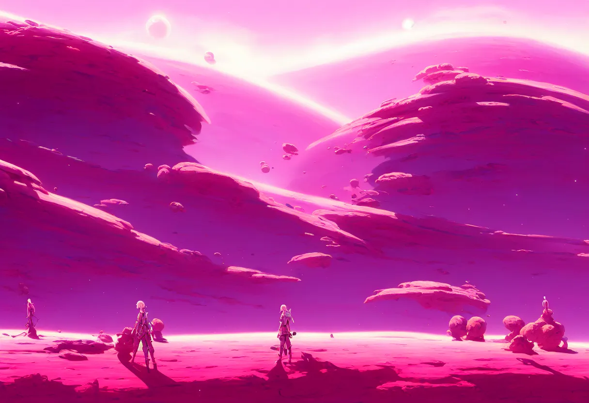 Image similar to arid planet, pink intricate oil painting, high detail illustration, sharp high detail, manga and anime 1 9 9 9, official fanart behance hd artstation by jesper ejsing and makoto shinkai, 4 k