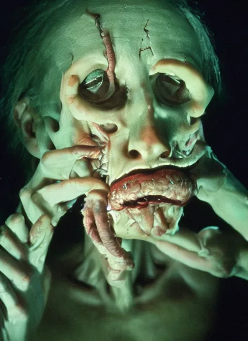 Prompt: cinestill night portrait of a human corpse horror practical fx by david cronenberg cinestill white