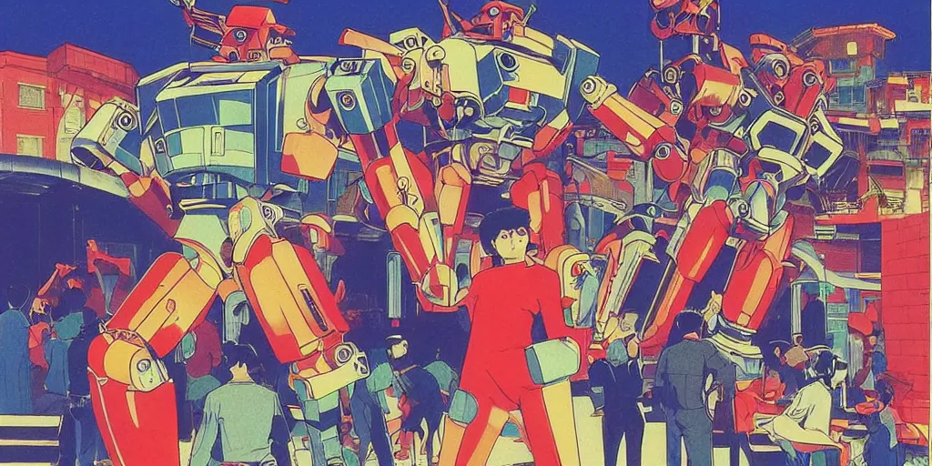 Image similar to gigantic mecha robots in a dance battle, a lot of people in disco clothes dancing, disco balls everywhere, risograph by kawase hasui, edward hopper, satoshi kon and moebius, no text!, colorful flat surreal design, super - detailed, a lot of tiny details, fullshot