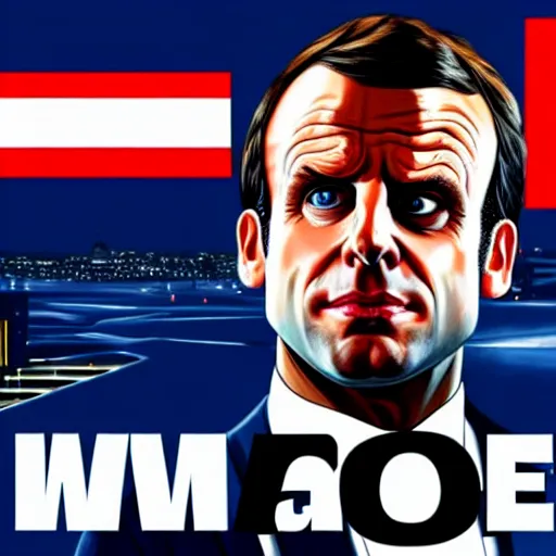 Image similar to emmanuel macron in a gta v cover art by stephen bliss