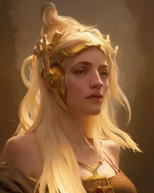 Image similar to '' Portrait of Beautiful blonde Slavic woman in her early 30’s, league of legends, LOL, fantasy, d&d, digital painting, artstation, concept art, sharp focus, illustration, art by greg rutkowski and alphonse mucha ''