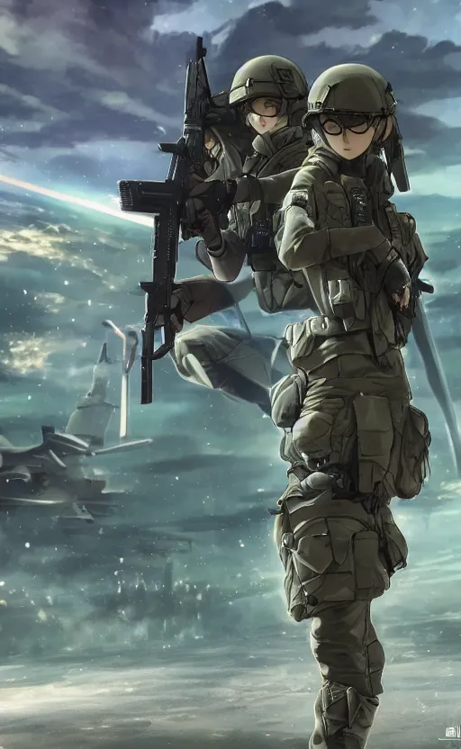 Image similar to girl, trading card front, future soldier clothing, future combat gear, realistic anatomy, concept art, professional, by ufotable anime studio, green screen, volumetric lights, stunning, military camp in the background