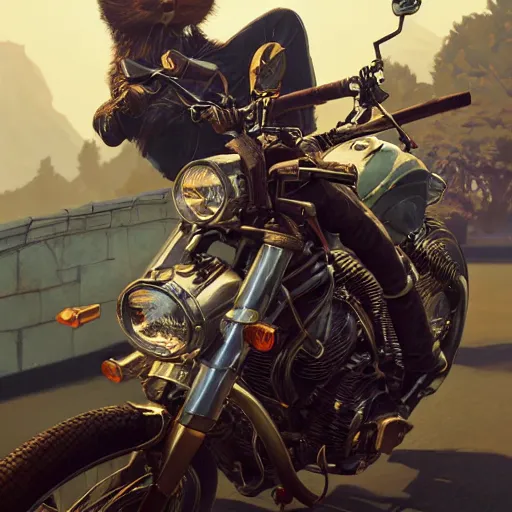 Image similar to highly detailed portrait of a biker rabbit in gta v, stephen bliss, unreal engine, fantasy art by greg rutkowski, loish, rhads, ferdinand knab, makoto shinkai and lois van baarle, ilya kuvshinov, rossdraws, tom bagshaw, global illumination, radiant light, detailed and intricate environment