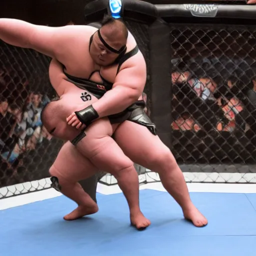 Image similar to robocop getting beat up by sumo wrestler in the ufc octagon