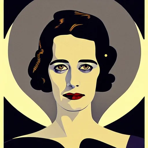 Image similar to Eva Green, Art by Coles Phillips, Portrait of the actress, Eva Green as Space Commander Alpha from the Year 4000, geometric art, poster, no text, Mucha, Kandinsky, carbon blac and antique gold