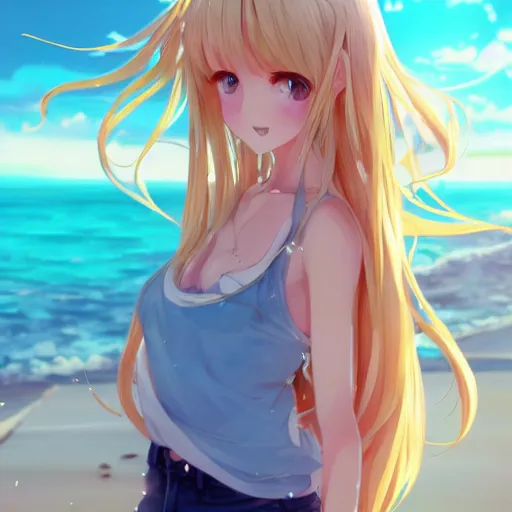 Prompt: a very beautiful anime girl, full body, long golden hair, sky blue eyes, full round face, short smile, short jeans, cute top, beach setting, cinematic lighting, medium shot, mid-shot, highly detailed, trending on Artstation, Unreal Engine 4k, cinematic wallpaper by Stanley Artgerm Lau, WLOP, Rossdraws, James Jean, Andrei Riabovitchev, Marc Simonetti, and Sakimichan