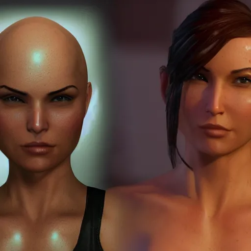 Prompt: bald Lara Croft without any hair