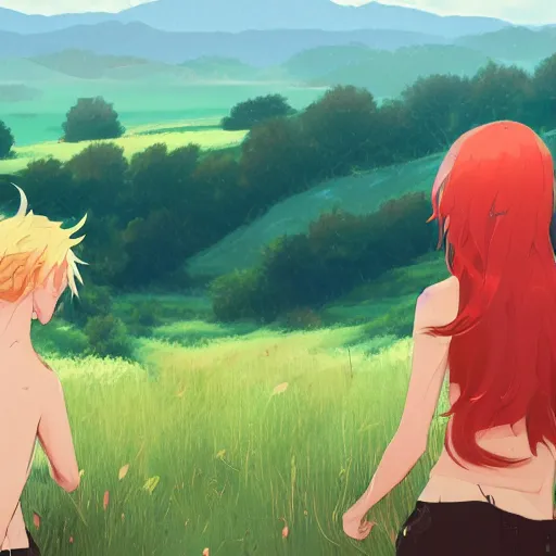 Image similar to two friends, blonde hair, red hair, fields in the background, mountains, highly detailed, artstation, by makoto shinkai