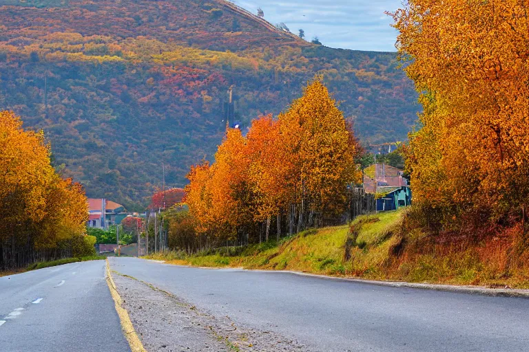 Prompt: a road next to warehouses, and a autumn hill background with a radio tower on top, 3 0 0 mm telephoto lens