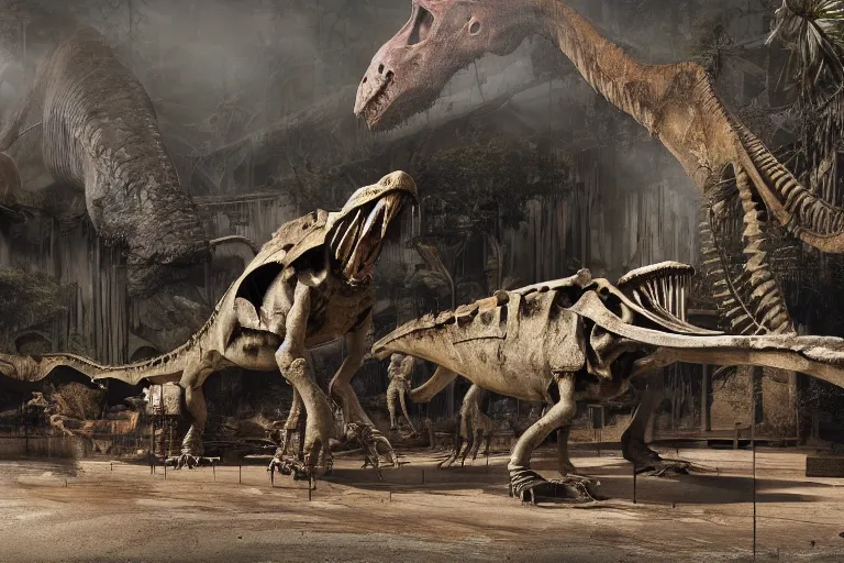 Image similar to abandoned dinosaur museum, gigantic dinosaur skeletons, cinematic, craig mullins, 8 k