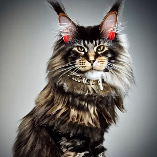 Prompt: maine coon cat wearing samurai armor and samurai helmet