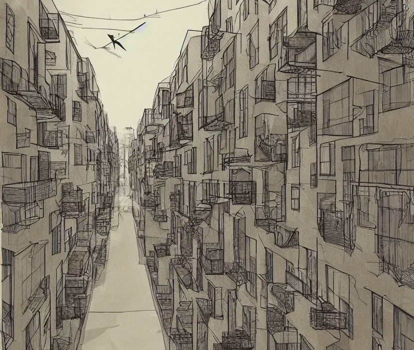 Image similar to A long hallway strip of tall houses on the left and right side of a neighborhood in the fall months, rotoscoped, rotoscope, photoshop, photomanipulation, realism, painting, illustration and sketch, weird scribbles, hybrid styles, hybrid art styles, mismatched, trending on artstation, trending on deviantart, weird, quirky, interesting, very detailed, highly detailed, HD Quality, 4k resolution, 8k resolution, colored with orange brown yellow and red, in the style of David Firth, in the style of James Lee, in the style of Drue Langlois,