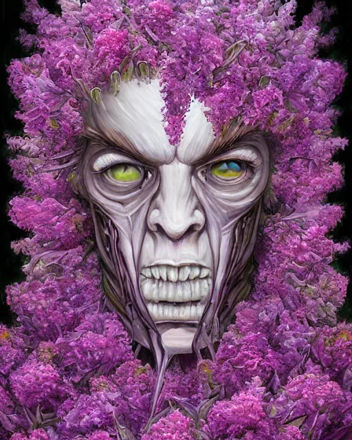 Image similar to Haunting horrifying detailed painting of a huge muscular hulking extraterrestrial flower monster made of lilacs, roses, lilies and daffodils, telekinetic aura, magical powers, and bloodshot eyeballs, hyper detailed, trending on Artstation