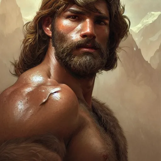 Image similar to portrait of a rugged ranger, muscular, upper body, hairy chest, D&D, fantasy, intricate, elegant, highly detailed, digital painting, artstation, concept art, matte, sharp focus, illustration, art by Artgerm and Greg Rutkowski and Alphonse Mucha