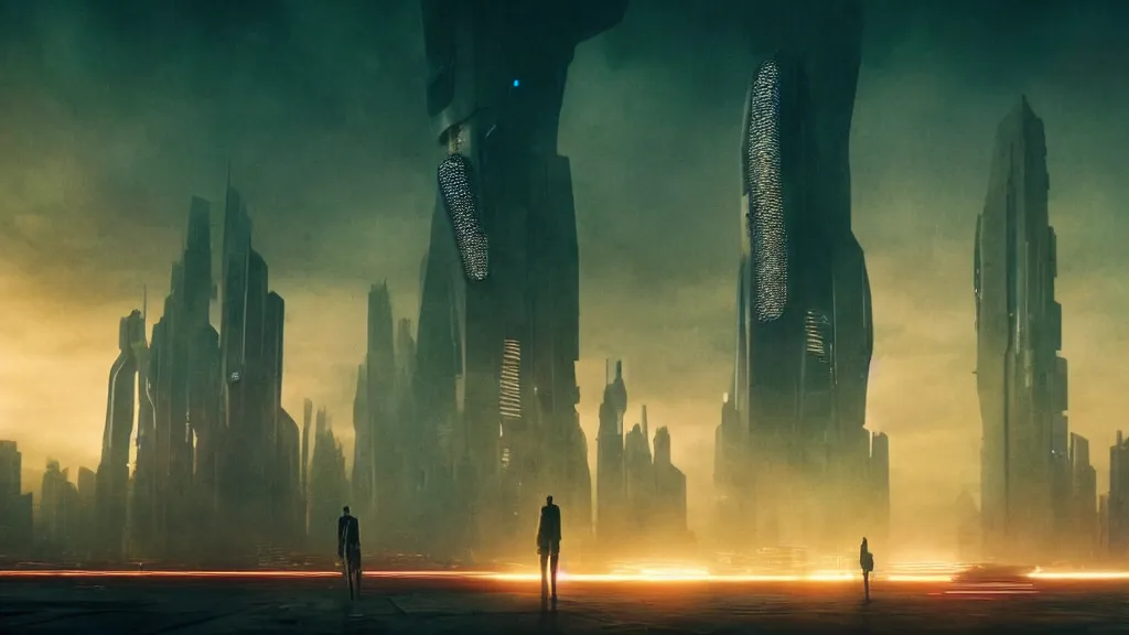 Image similar to A futuristic city from Blade Runner 2049, film still from the movie directed by Denis Villeneuve with art direction by Salvador Dalí, wide lens