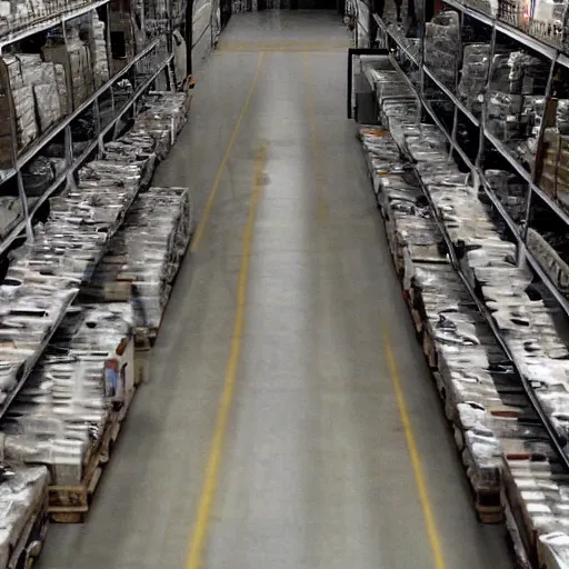 Prompt: a drone shot of the inside of a massive warehouse that goes on forever, liminal space, eerie, slightly foggy, grainy footage,