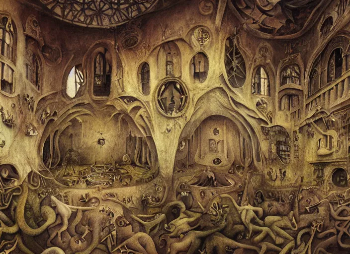 Prompt: matte painting in the style of hieronymus bosch, leonora carrington and james gurney : : intricate detailed study of a wild, psychedelic nightmare full of imaginary creatures : : interior view of a complex modern building : : ultra - detailed technical precision : : high definition 3 d render, unreal engine, 4 k, hi - res textures