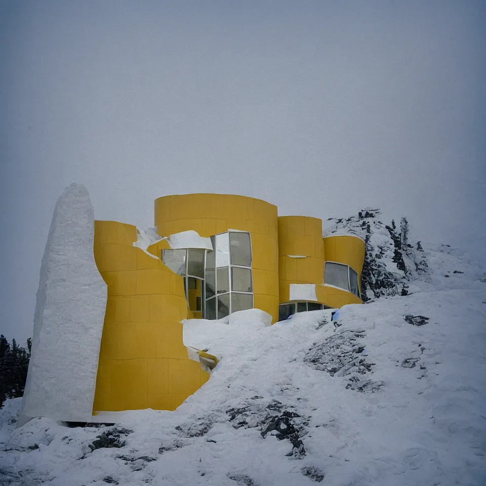 Image similar to a road leading to a mid-century modern house with large windows on top of a cliff in the arctic, covered with snow, designed by Frank Gehry. Big tiles. Film grain, cinematic, yellow hue